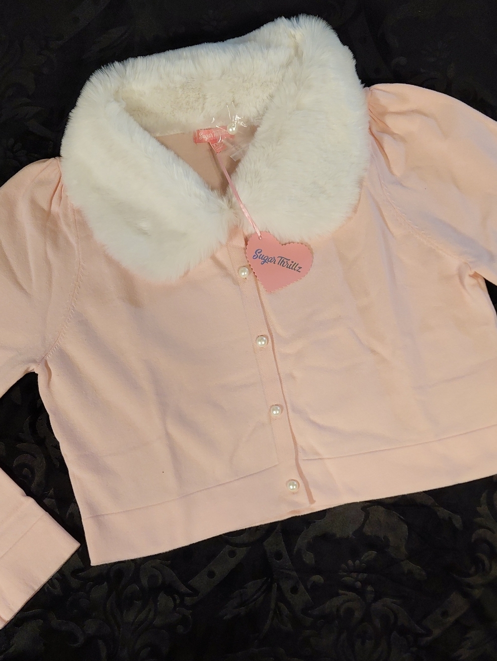 Dollskill Sugar Thrillz Xxl Light Pink Cardigan with White Faux Fur Collar